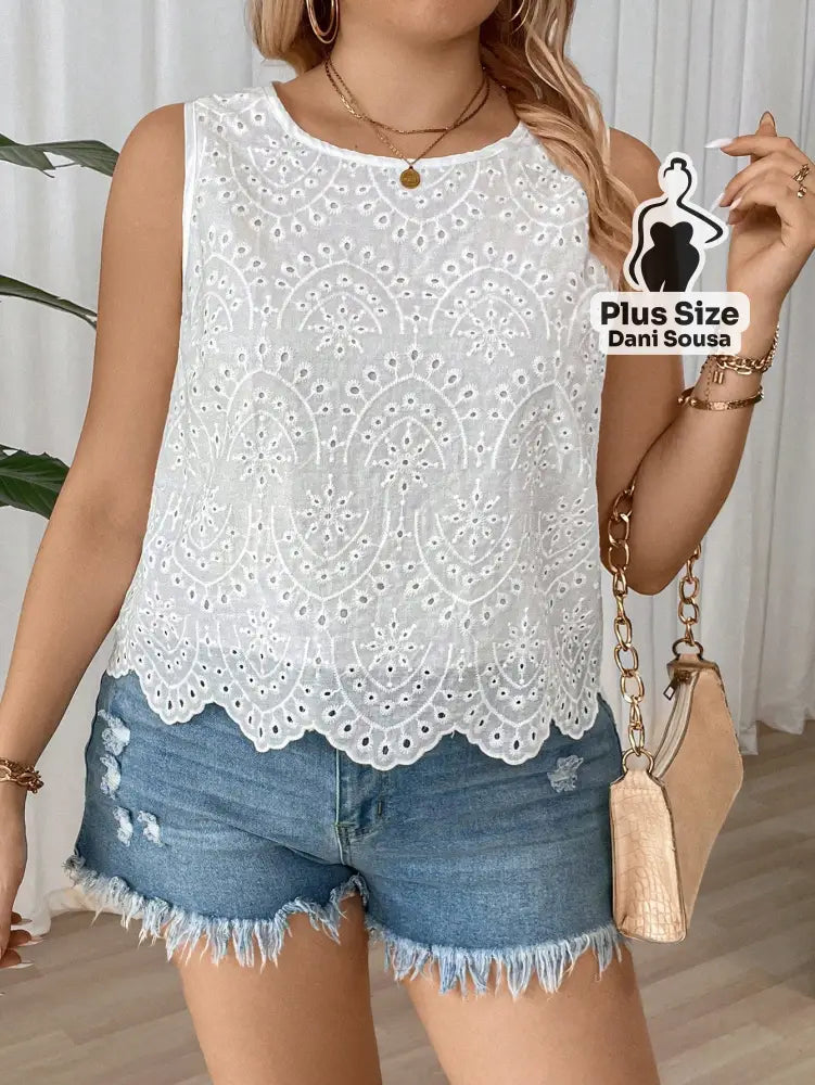 Blusa Regata De Renda Com Bordado Plus Size Conjunto Cropped e Shorts Estampado com Detalhes de Renda Plus Size