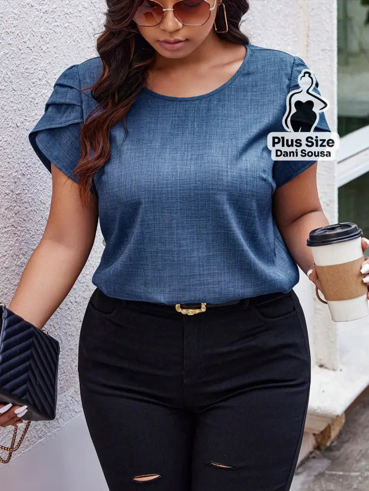 Blusa Texturizada Com Mangas Franzidas Plus Size Azul / G Blusa Texturizada Com Mangas Franzidas Plus Size
