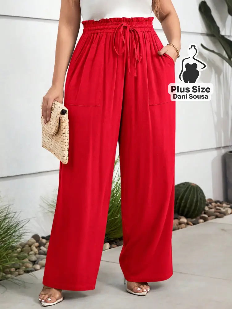 Calça Pantalona Com Bolsos Frontais e Cintura Ajustável Plus Size Calça Pantalona Com Bolsos Frontais e Cintura
