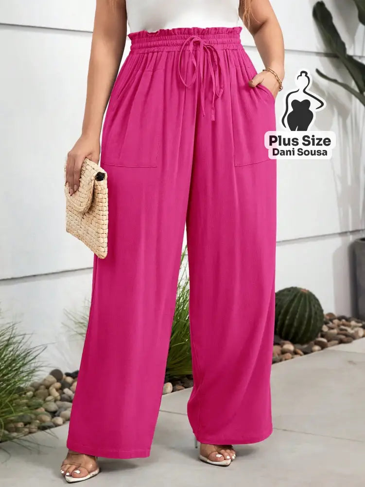 Calça Pantalona Com Bolsos Frontais e Cintura Ajustável Plus Size Calça Pantalona Com Bolsos Frontais e Cintura