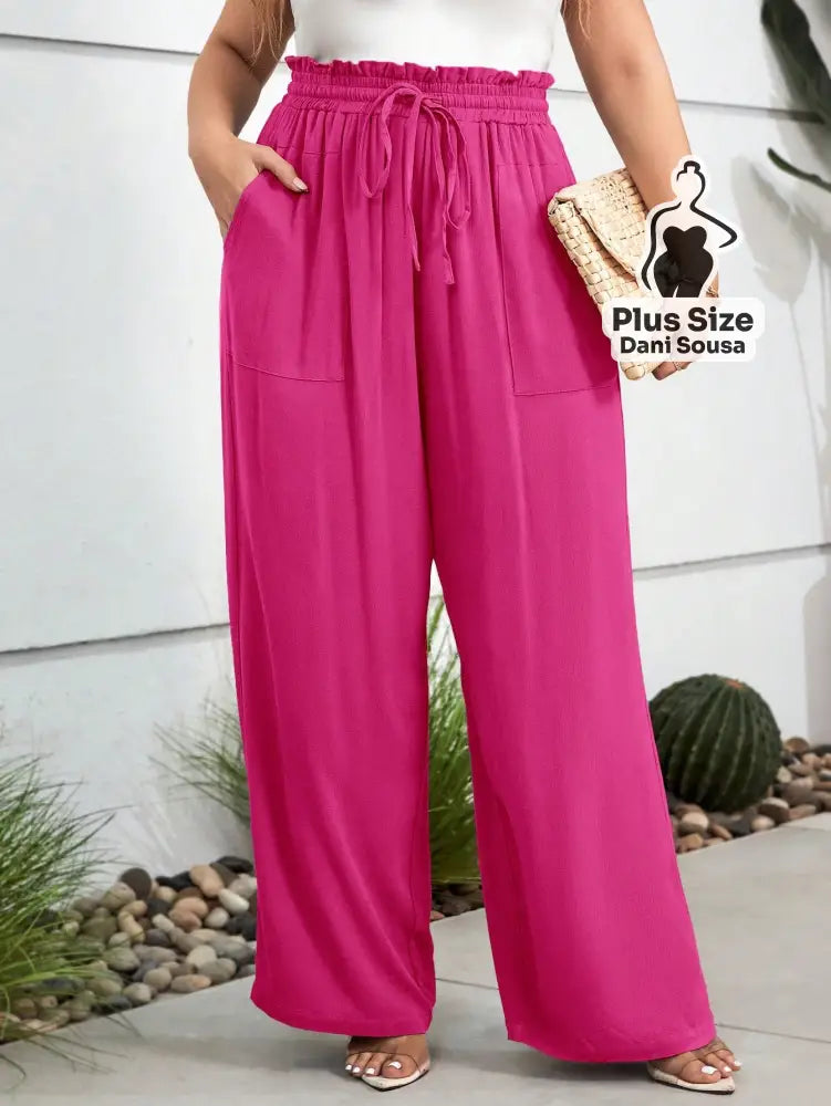 Calça Pantalona Com Bolsos Frontais e Cintura Ajustável Plus Size Calça Pantalona Com Bolsos Frontais e Cintura