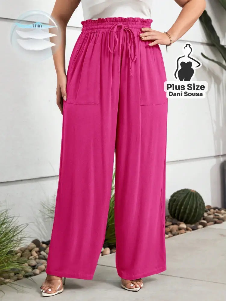 Calça Pantalona Com Bolsos Frontais e Cintura Ajustável Plus Size Pink / G Calça Pantalona Com Bolsos Frontais e