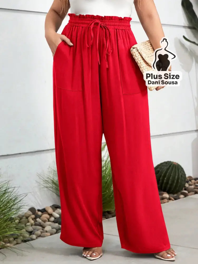 Calça Pantalona Com Bolsos Frontais e Cintura Ajustável Plus Size Vermelho / G Calça Pantalona Com Bolsos Frontais e