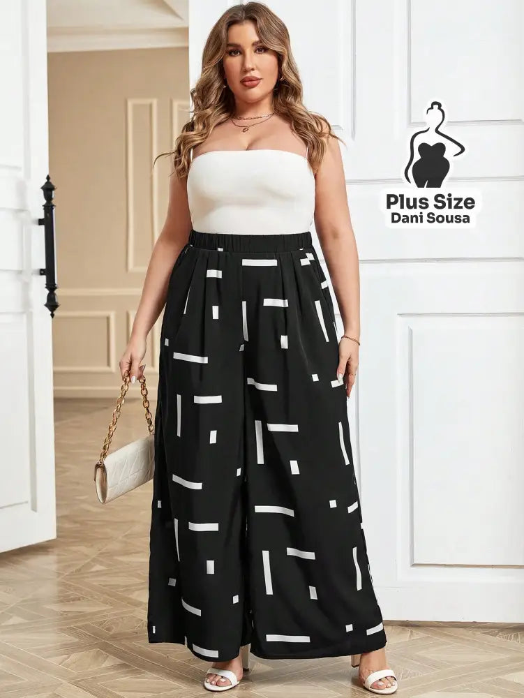 Calça Pantalona Com Estampa Geométrica Plus Size Calça Pantalona Com Estampa Geométrica Plus Size