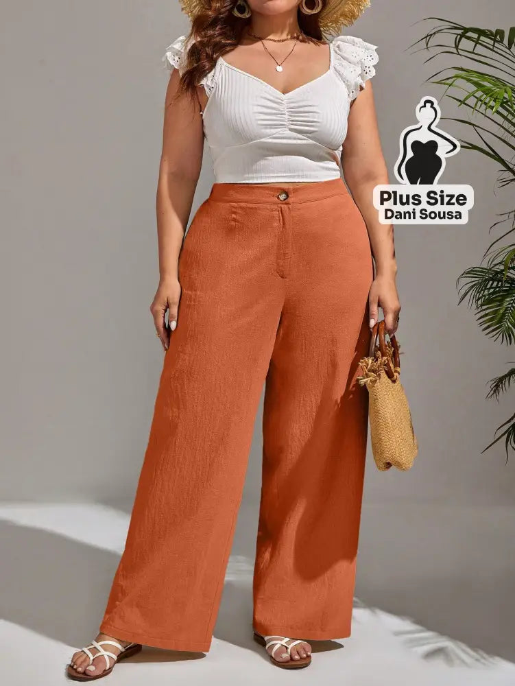 Calça Pantalona de Linho Com Fechamento Frontal Plus Size Calça Pantalona de Linho Com Fechamento Frontal Plus Size