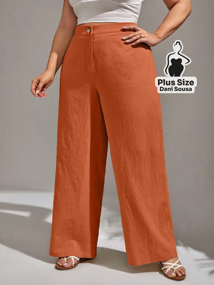 Calça Pantalona de Linho Com Fechamento Frontal Plus Size Calça Pantalona de Linho Com Fechamento Frontal Plus Size