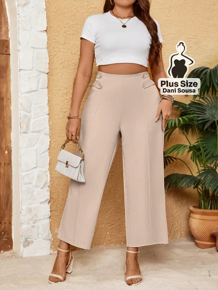 Calça Reta De Alfaiataria Bege Plus Size Calça Reta De Alfaiataria Bege Plus Size