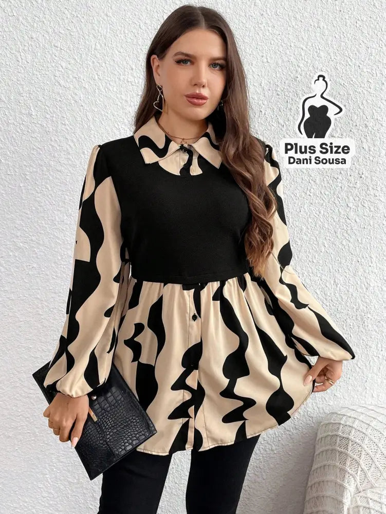 Camisa 2 em 1 com Recorte Elegante e Manga Longa Plus Size Camisa 2 em 1 com Recorte Elegante e Manga Longa Plus Size