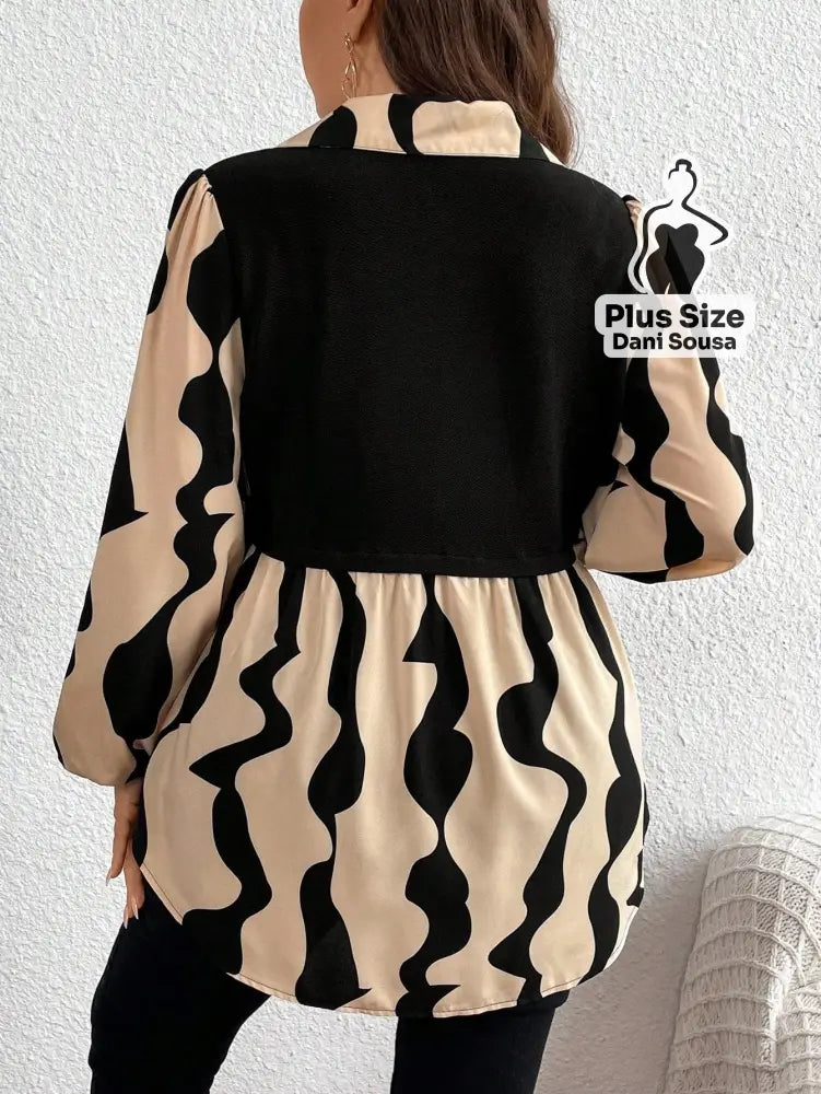 Camisa 2 em 1 com Recorte Elegante e Manga Longa Plus Size Camisa 2 em 1 com Recorte Elegante e Manga Longa Plus Size