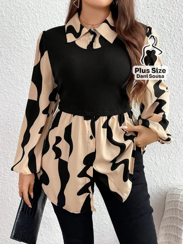 Camisa 2 em 1 com Recorte Elegante e Manga Longa Plus Size Camisa 2 em 1 com Recorte Elegante e Manga Longa Plus Size