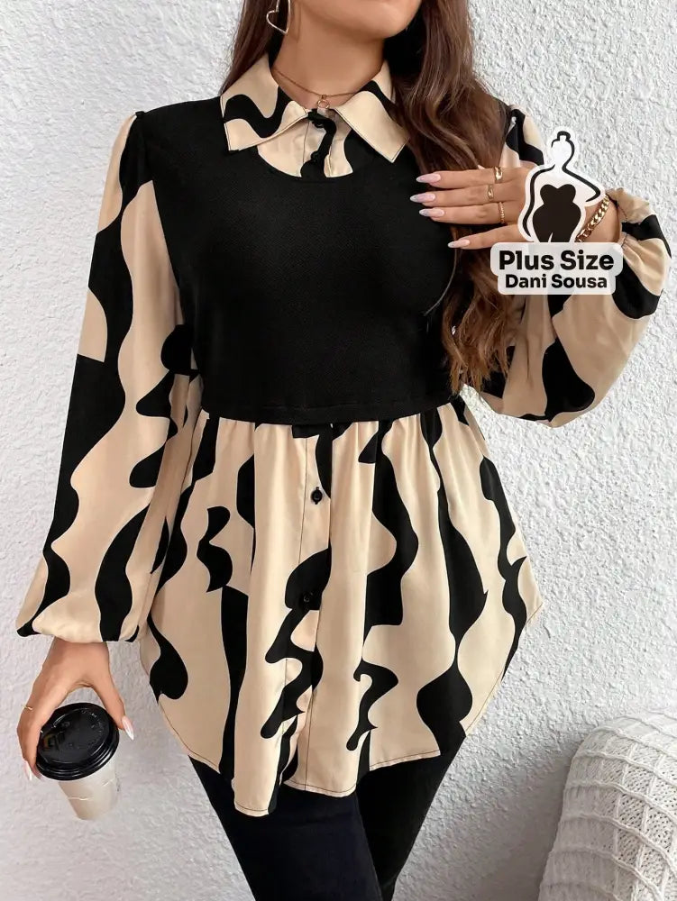 Camisa 2 em 1 com Recorte Elegante e Manga Longa Plus Size Camisa 2 em 1 com Recorte Elegante e Manga Longa Plus Size