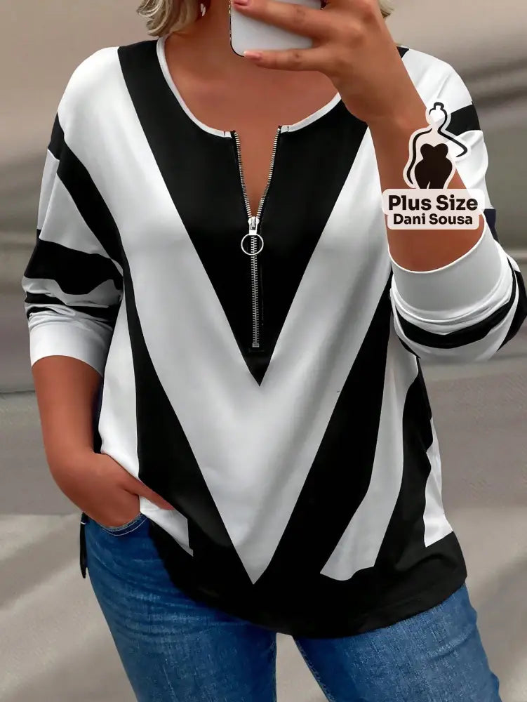 Camisa Casual Com Ziper Preto e Branca Plus Size Camisa Casual Com Ziper Preto e Branca Plus Size