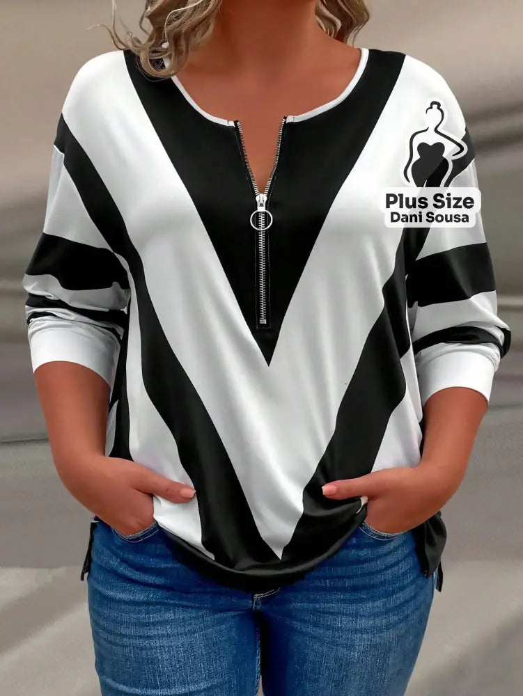 Camisa Casual Com Ziper Preto e Branca Plus Size Branco / G Camisa Casual Com Ziper Preto e Branca Plus Size