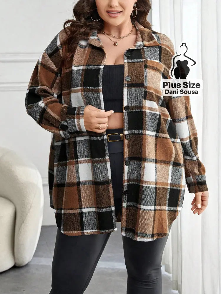 Camisa Oversized Xadrez Com Bolsos Plus Size Camisa Oversized Xadrez Com Bolsos Plus Size