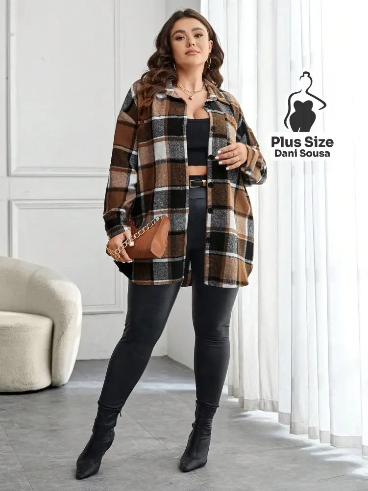 Camisa Oversized Xadrez Com Bolsos Plus Size Camisa Oversized Xadrez Com Bolsos Plus Size