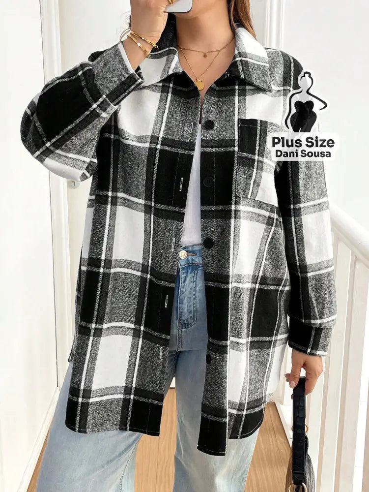 Camisa Oversized Xadrez Com Bolsos Plus Size Branco / G Camisa Oversized Xadrez Com Bolsos Plus Size