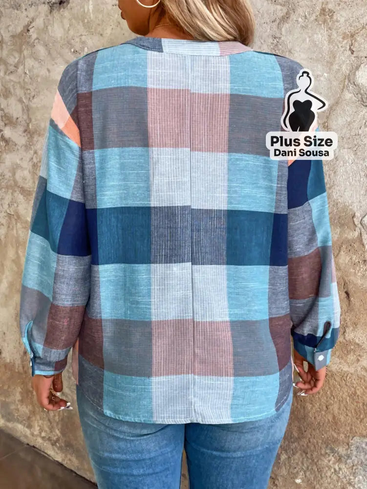 Camisa Xadrez Longa Com Manga Dobrável Plus Size Blusa Assimétrica Com Botões Em Estilo Moderno Plus Size