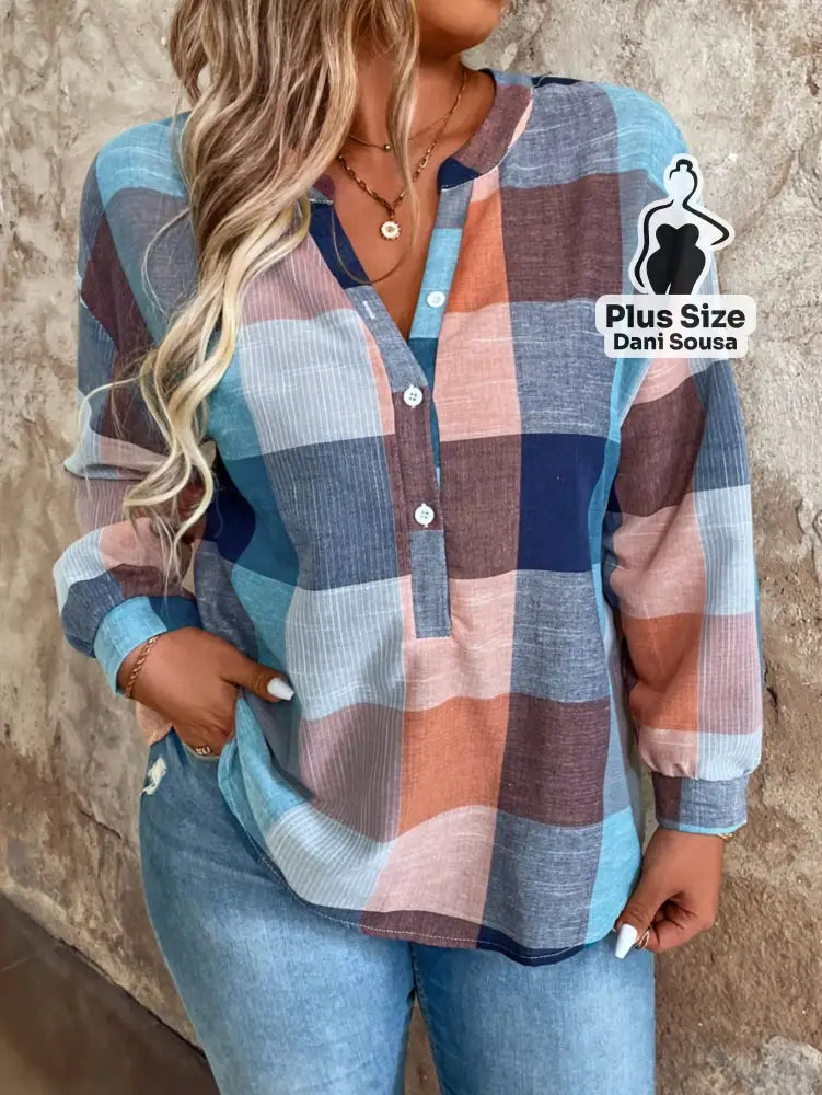 Camisa Xadrez Longa Com Manga Dobrável Plus Size Blusa Assimétrica Com Botões Em Estilo Moderno Plus Size