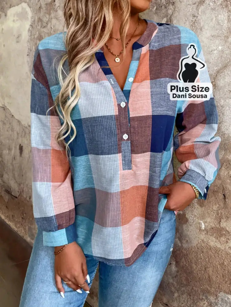 Camisa Xadrez Longa Com Manga Dobrável Plus Size Blusa Assimétrica Com Botões Em Estilo Moderno Plus Size