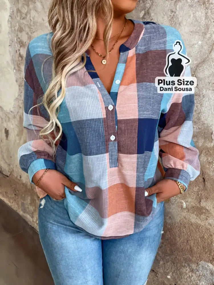 Camisa Xadrez Longa Com Manga Dobrável Plus Size Blusa Assimétrica Com Botões Em Estilo Moderno Plus Size