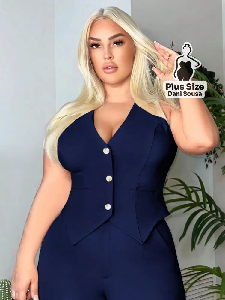 Colete Com Caimento Elegante Plus Size Azul Marinho / G Colete Com Caimento Elegante Plus Size