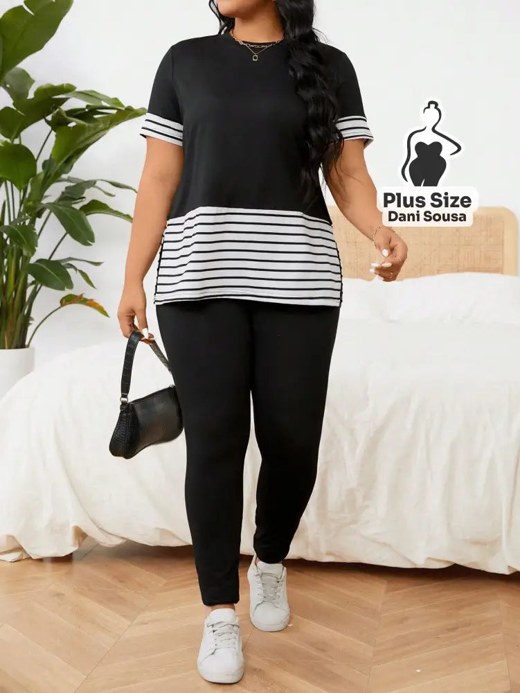 Conjunto Casual Com Detalhe de Listras Plus Size Conjunto Casual Com Detalhe de Listras Plus Size