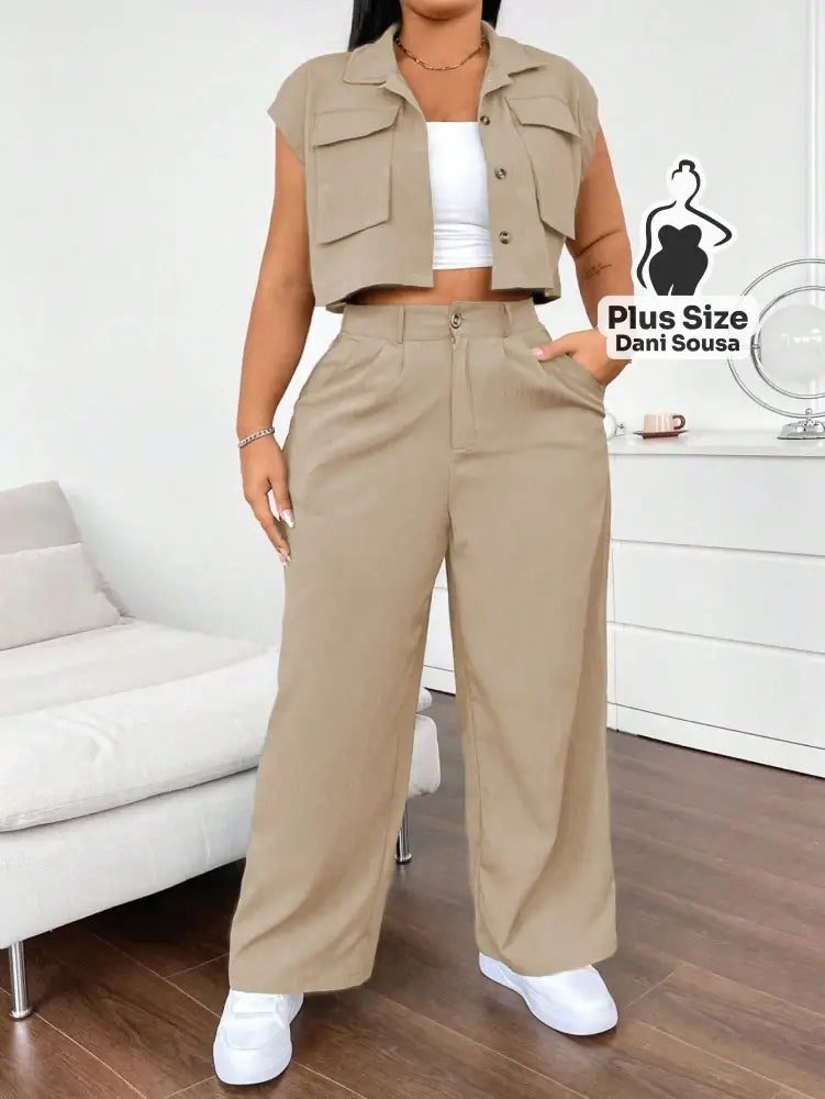 Conjunto Com Colete e Calça Pantalona Plus Size Caqui / G Conjunto Com Colete e Calça Pantalona Plus Size