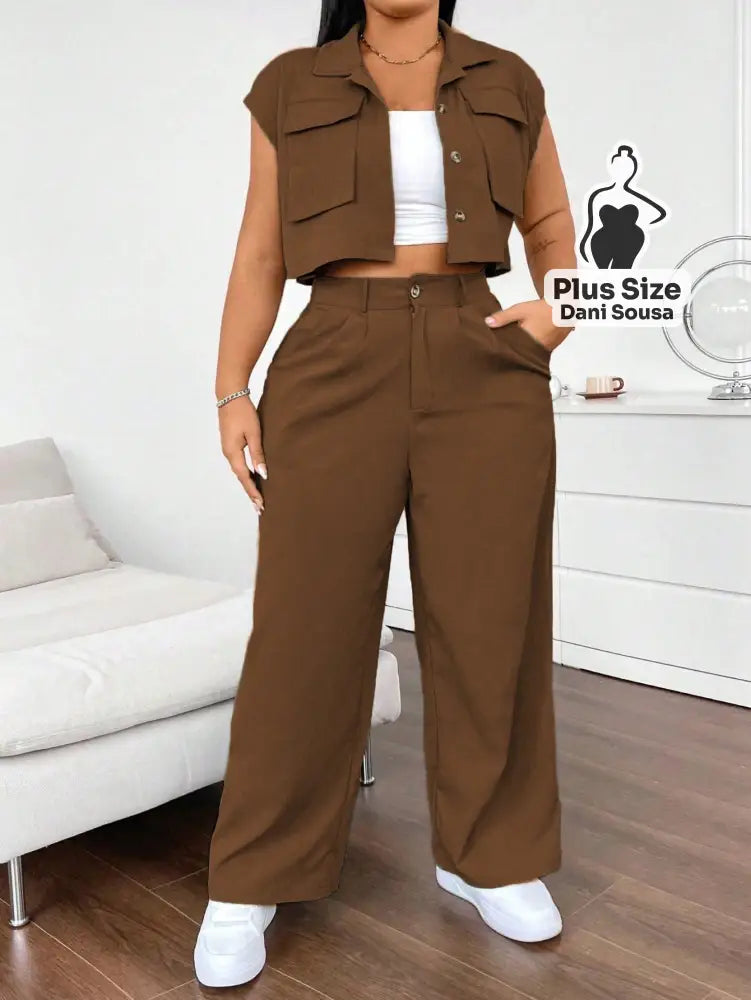 Conjunto Com Colete e Calça Pantalona Plus Size Castanho / G Conjunto Com Colete e Calça Pantalona Plus Size