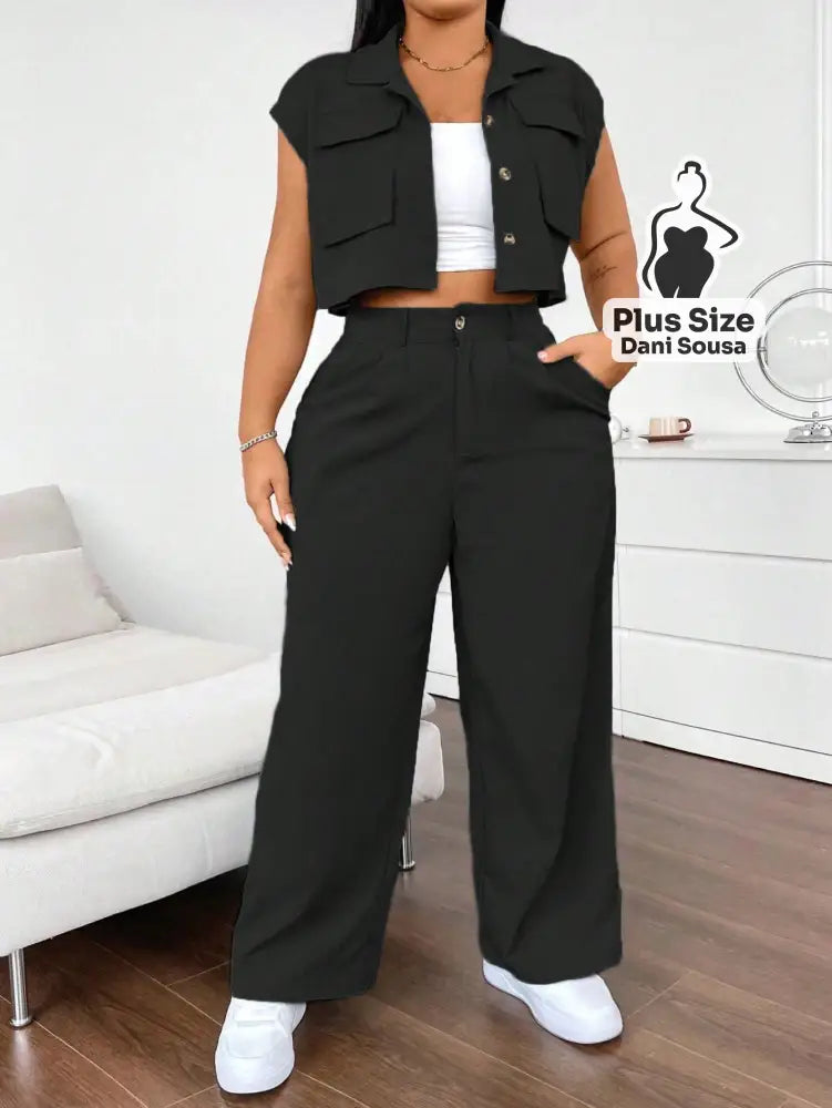 Conjunto Com Colete e Calça Pantalona Plus Size Preto / G Conjunto Com Colete e Calça Pantalona Plus Size