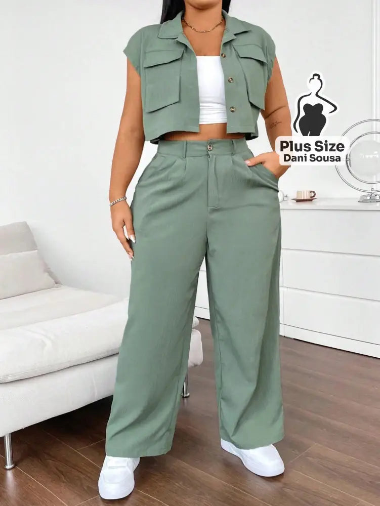 Conjunto Com Colete e Calça Pantalona Plus Size Verde / G Conjunto Com Colete e Calça Pantalona Plus Size