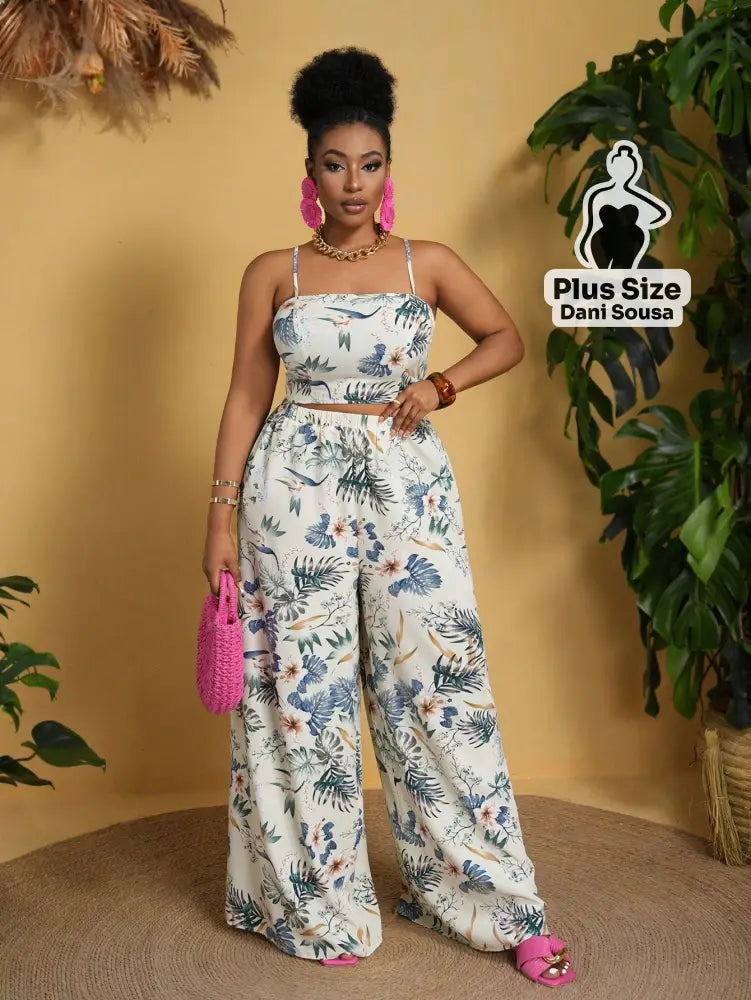 Conjunto Cropped e Calça Pantalona Estampado Plus Size Estampa / G Conjunto Cropped e Calça Pantalona Estampado Plus