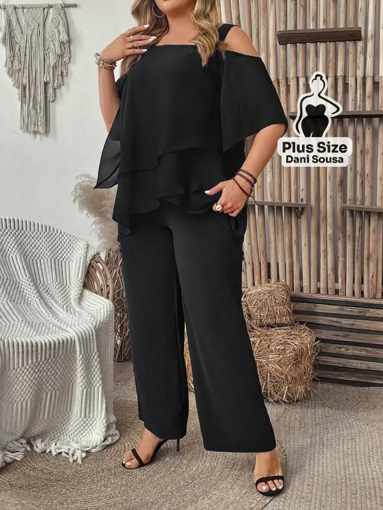 Conjunto Feminino de Blusa com Camadas e Calça Pantalona Plus Size Conjunto Feminino de Blusa com Camadas e Calça