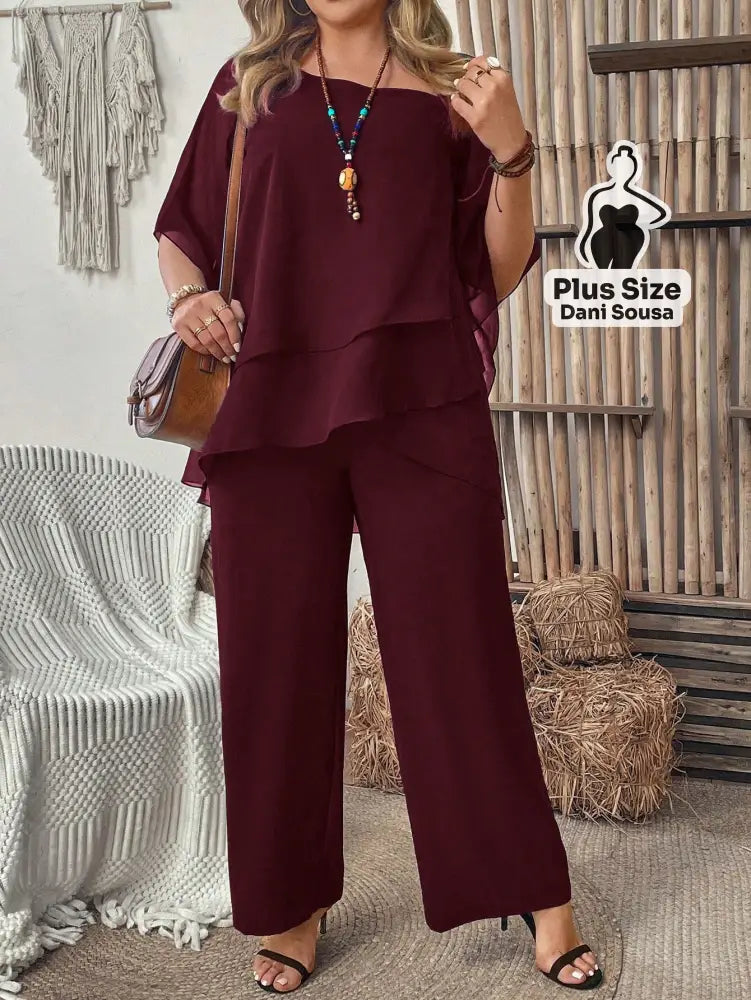 Conjunto Feminino de Blusa com Camadas e Calça Pantalona Plus Size Conjunto Feminino de Blusa com Camadas e Calça