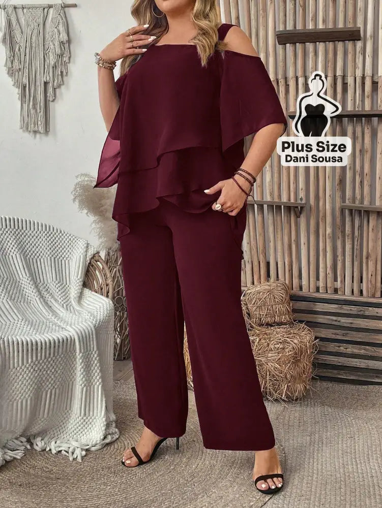 Conjunto Feminino de Blusa com Camadas e Calça Pantalona Plus Size Conjunto Feminino de Blusa com Camadas e Calça