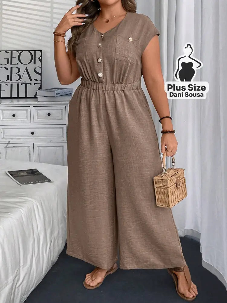 Macacão De Botões Com Bolsos Plus Size Macacão De Botões Com Bolsos Plus Size