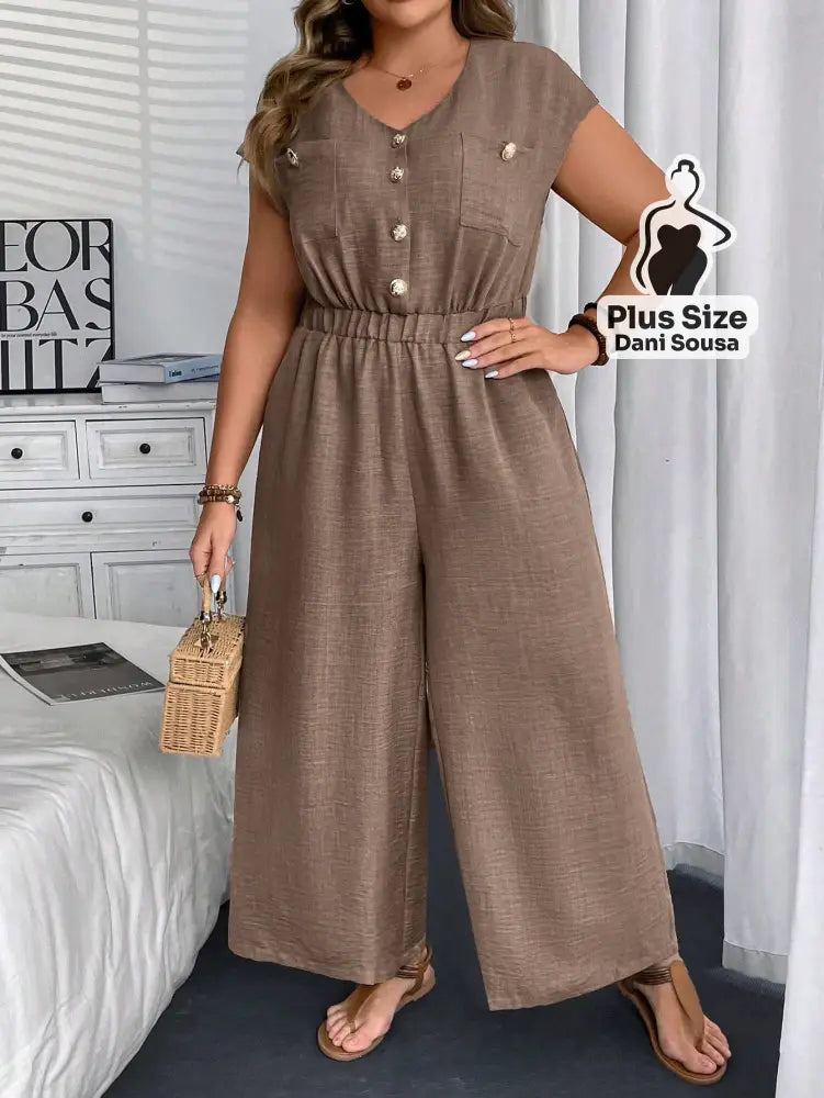 Macacão De Botões Com Bolsos Plus Size Macacão De Botões Com Bolsos Plus Size