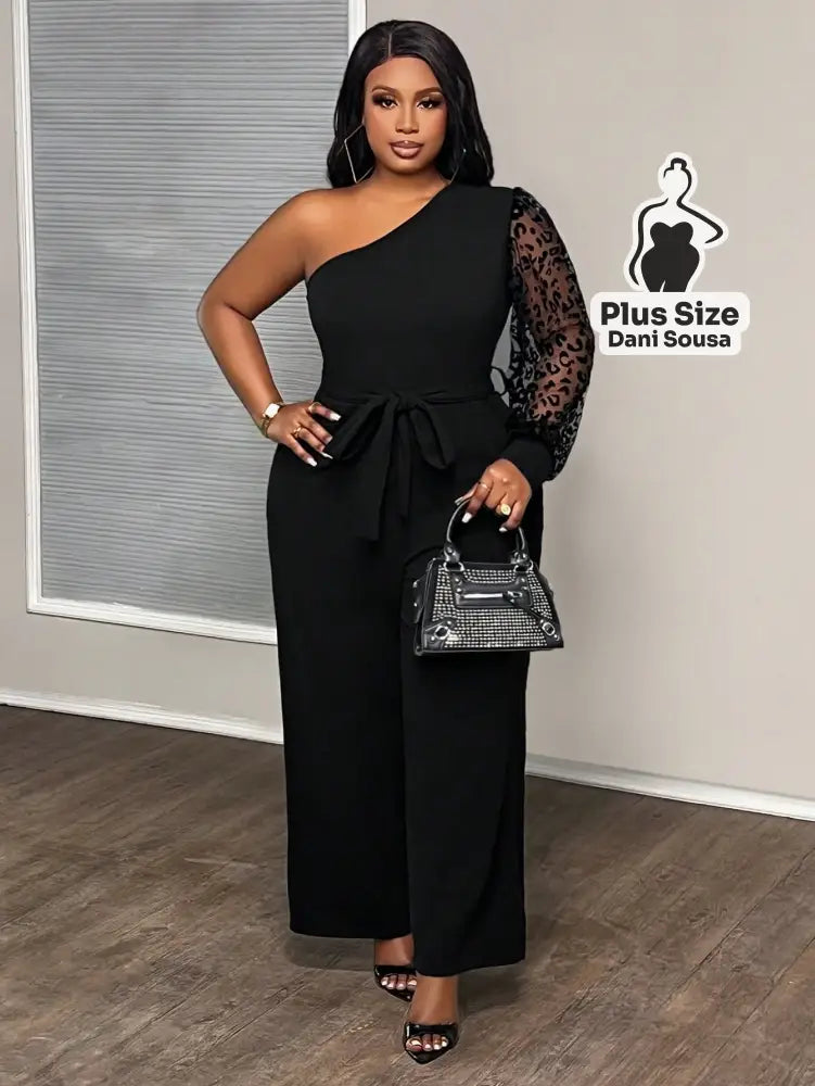 Macacão De Um Ombro Só Com Manga Transparente Plus Size Macacão De Um Ombro Só Com Manga Transparente Plus Size