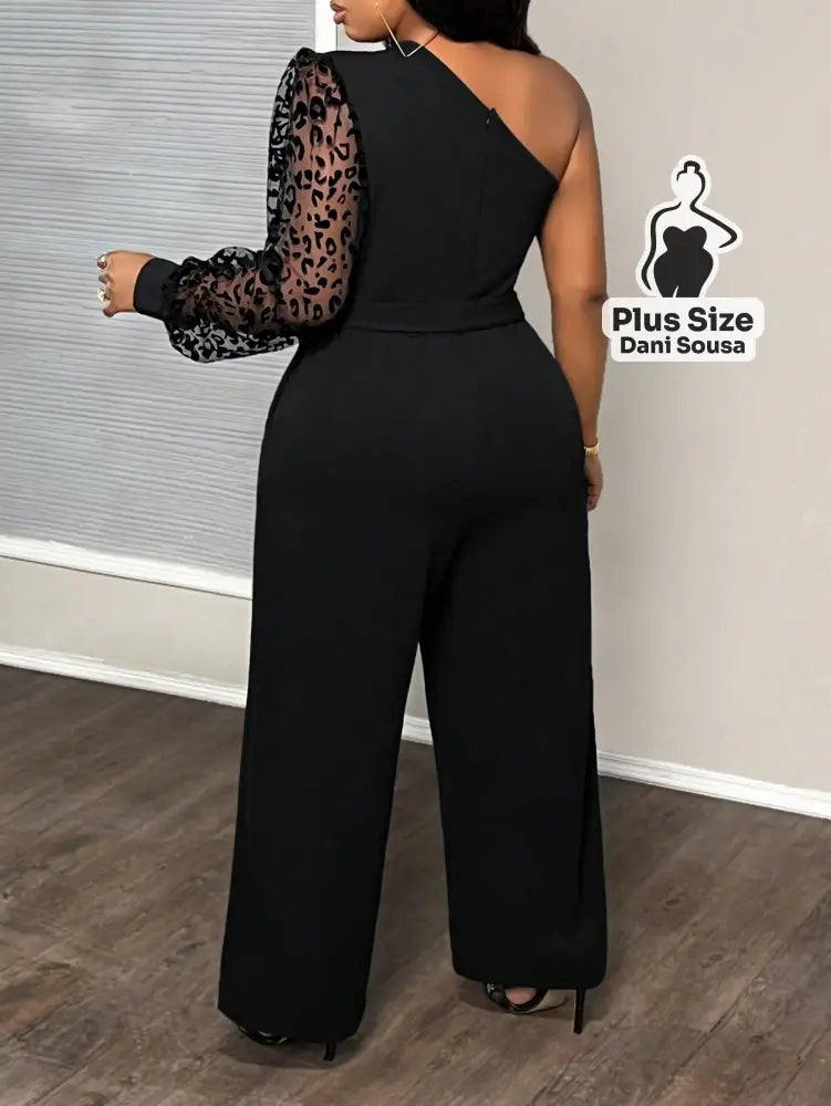 Macacão De Um Ombro Só Com Manga Transparente Plus Size Macacão De Um Ombro Só Com Manga Transparente Plus Size