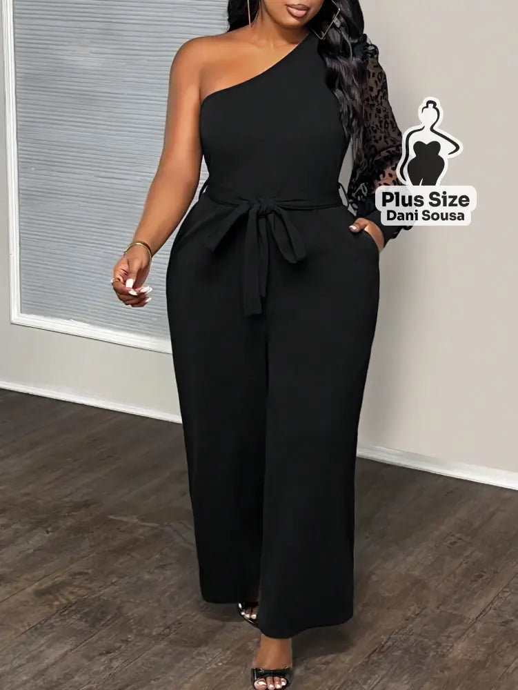 Macacão De Um Ombro Só Com Manga Transparente Plus Size Macacão De Um Ombro Só Com Manga Transparente Plus Size