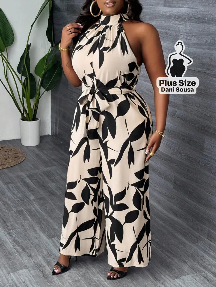 Macacão Longo De Gola Alta Plus Size Conjunto Cropped e Shorts Estampado com Detalhes de Renda Plus Size