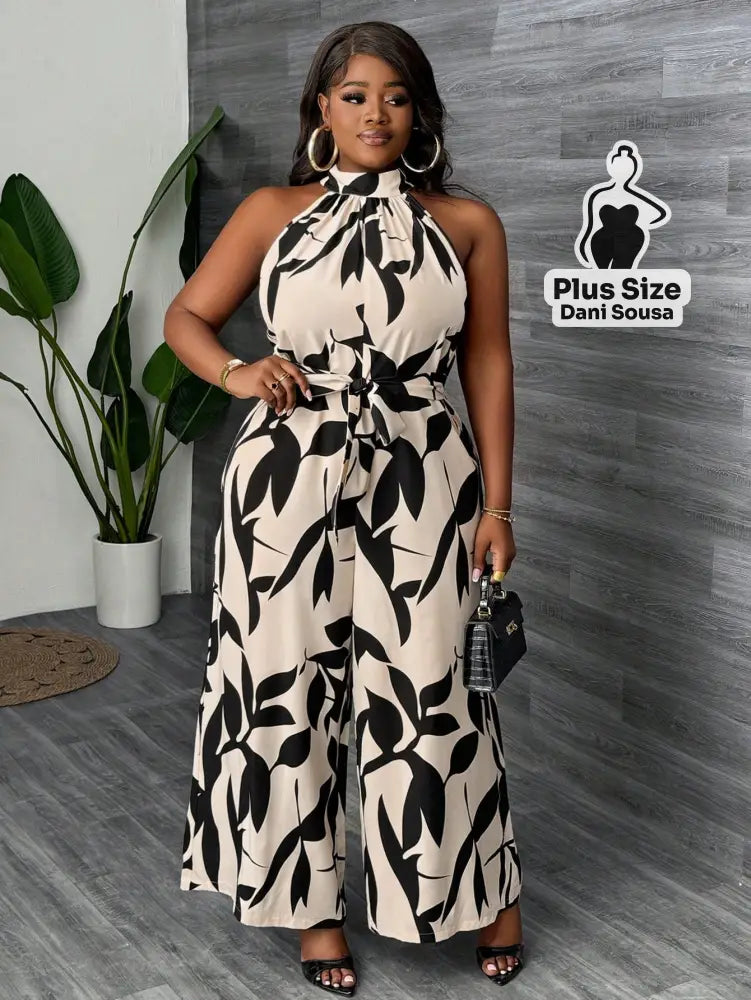 Macacão Longo De Gola Alta Plus Size Conjunto Cropped e Shorts Estampado com Detalhes de Renda Plus Size