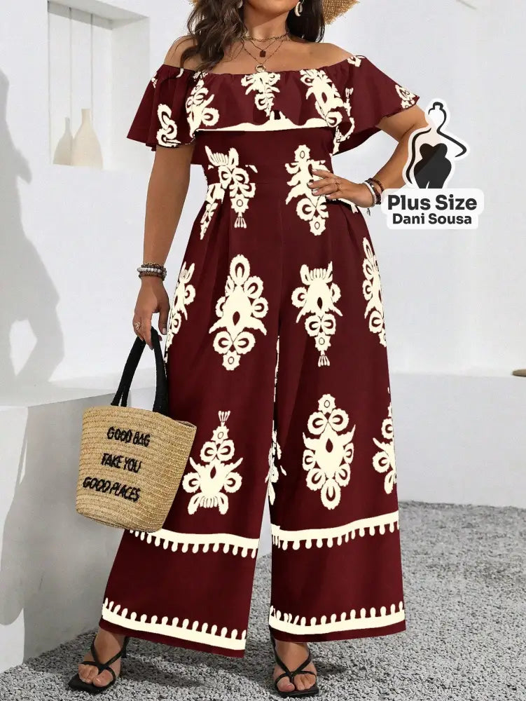 Macacão Ombro A Ombro Estampado Folhagem Plus Size Macacão Ombro A Ombro Estampado Folhagem Plus Size