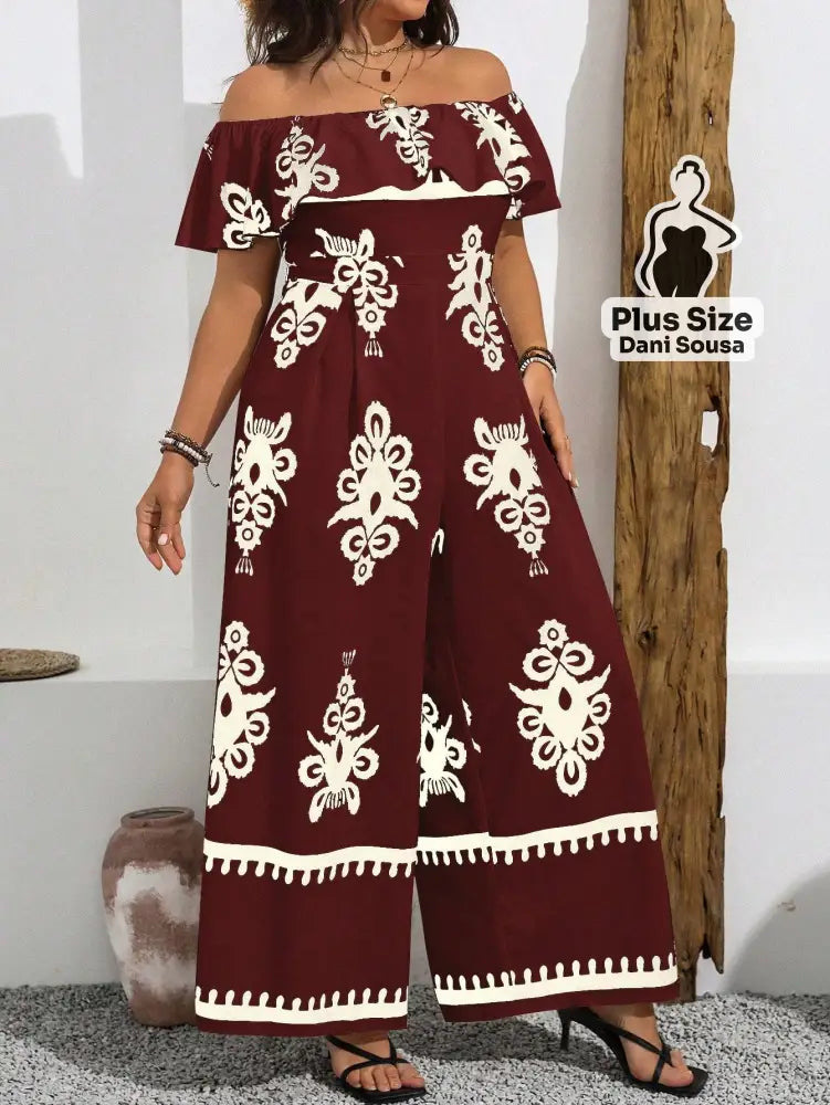 Macacão Ombro A Ombro Estampado Folhagem Plus Size Macacão Ombro A Ombro Estampado Folhagem Plus Size