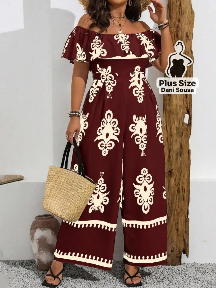 Macacão Ombro A Ombro Estampado Folhagem Plus Size Vinho / G Macacão Ombro A Ombro Estampado Folhagem Plus Size