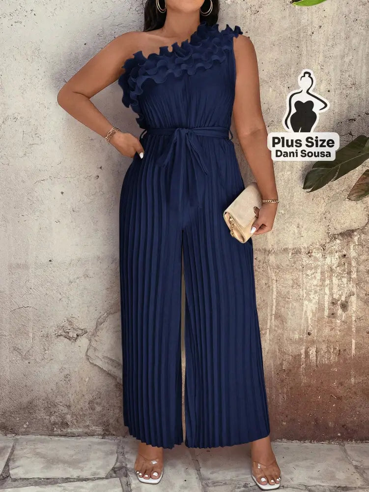 Macacão Plissado Com Babado E Um Ombro Só Plus Size Azul Marinho / G Macacão Plissado Com Babado E Um Ombro Só Plus Size