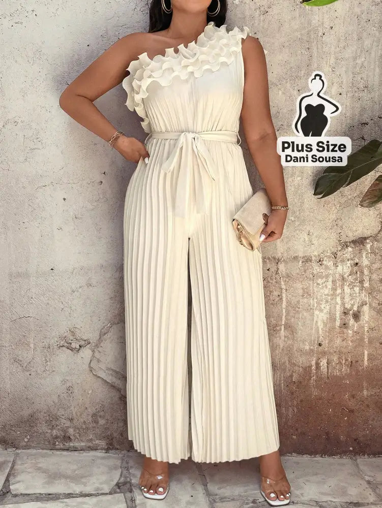 Macacão Plissado Com Babado E Um Ombro Só Plus Size Damasco / G Macacão Plissado Com Babado E Um Ombro Só Plus Size