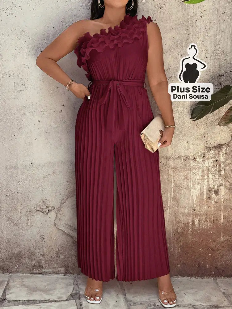 Macacão Plissado Com Babado E Um Ombro Só Plus Size Vinho / G Macacão Plissado Com Babado E Um Ombro Só Plus Size