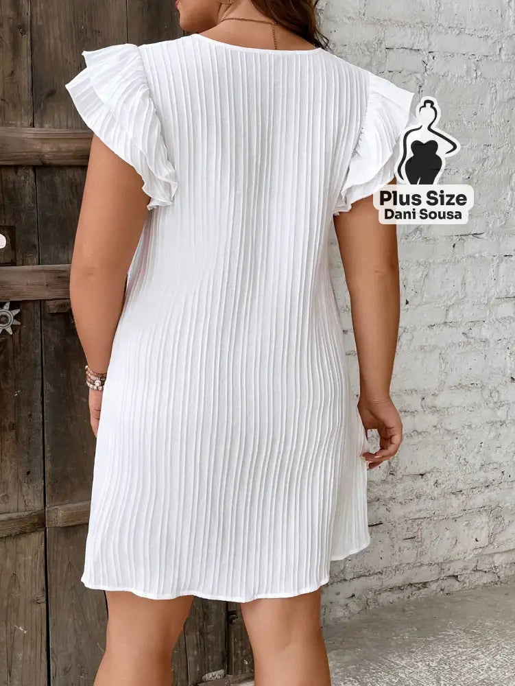 Vestido Canelado com Mangas Babado em Cores Variadas Plus Size Vestido Canelado com Mangas Babado em Cores Variadas