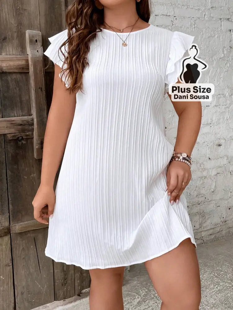 Vestido Canelado com Mangas Babado em Cores Variadas Plus Size Vestido Canelado com Mangas Babado em Cores Variadas