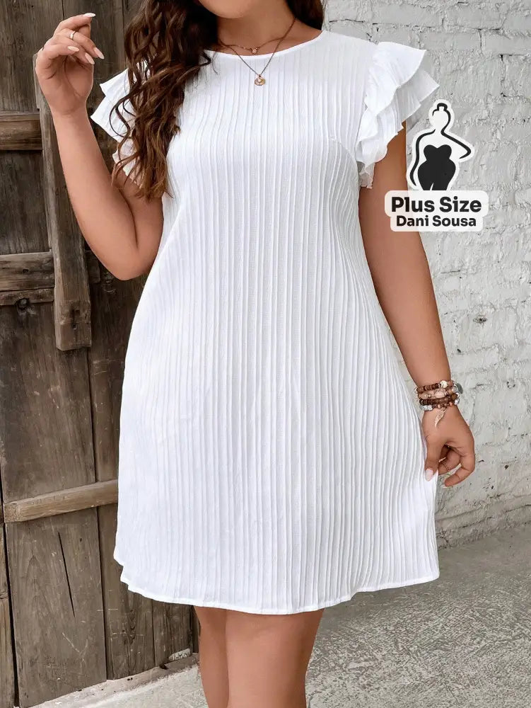 Vestido Canelado com Mangas Babado em Cores Variadas Plus Size Vestido Canelado com Mangas Babado em Cores Variadas